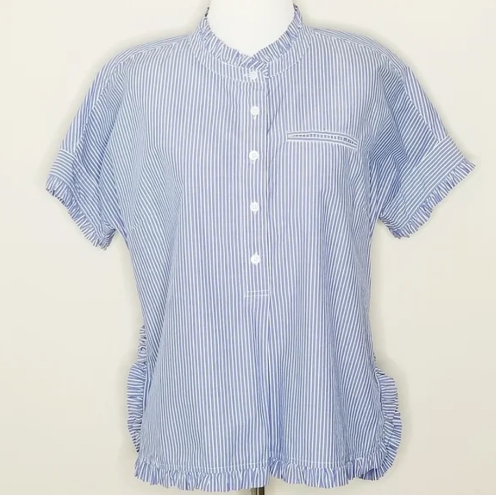 J. Crew Blue & White Pinstripe Ruffle Blouse